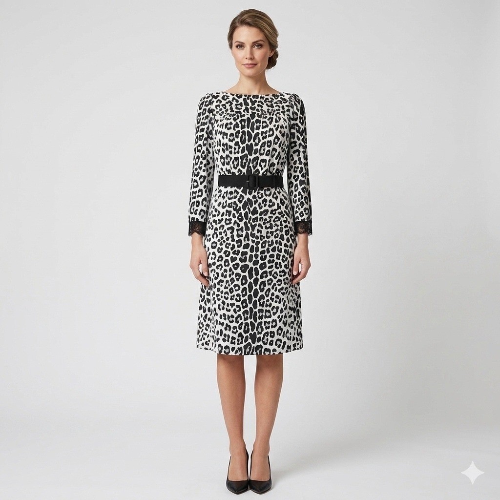Marc Jacobs Leopard Print Belted Midi Dress Black White Silk Lined Size 0
