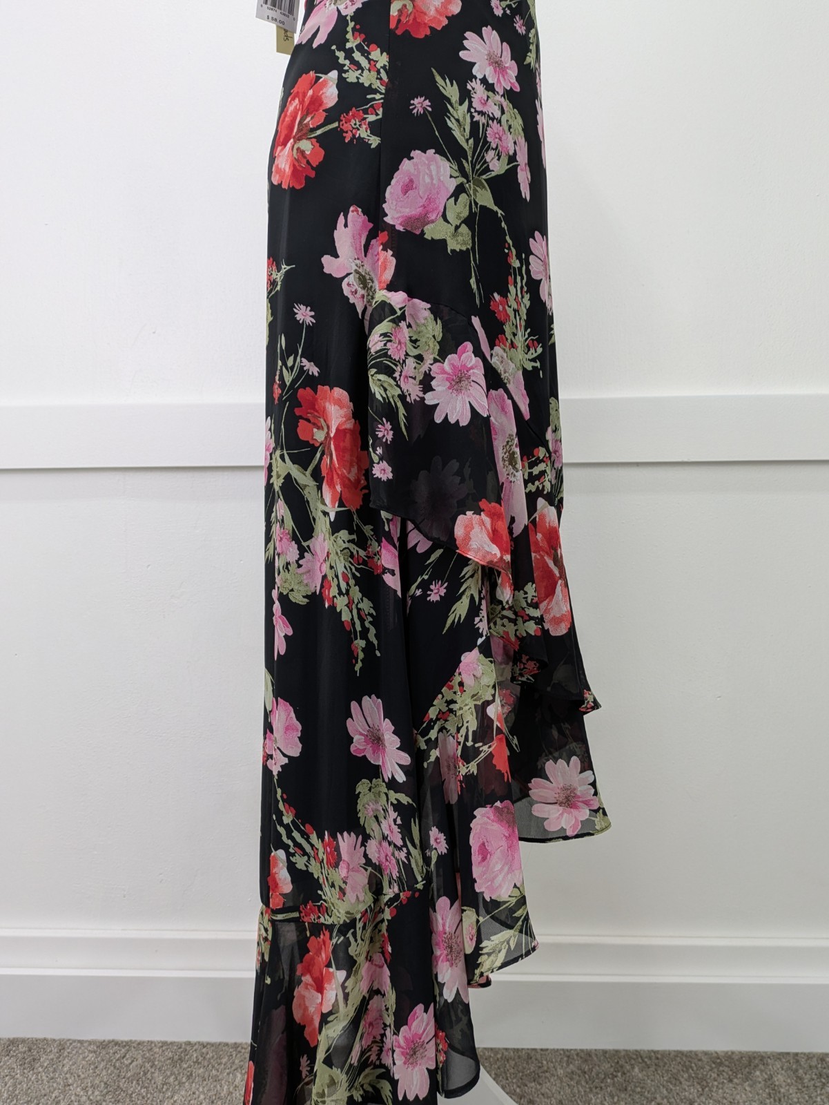 Speechless Black Pink Floral Ruffled Hem High Low Maxi Cold Shoulder Dress Sz M