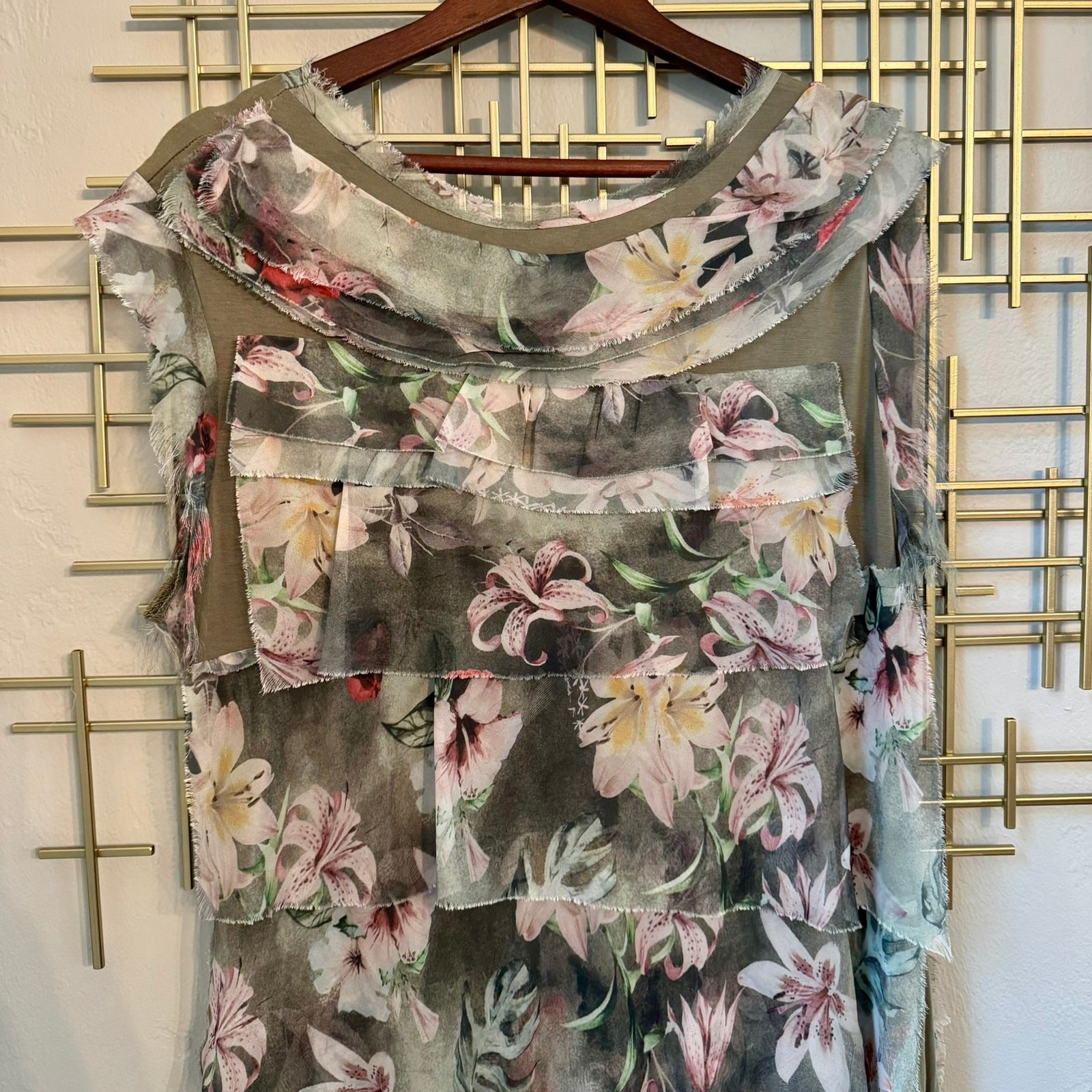 Fleur de Lis XL Tiered Floral Mesh Midi Dress Raw Edge Boho Cottagecore