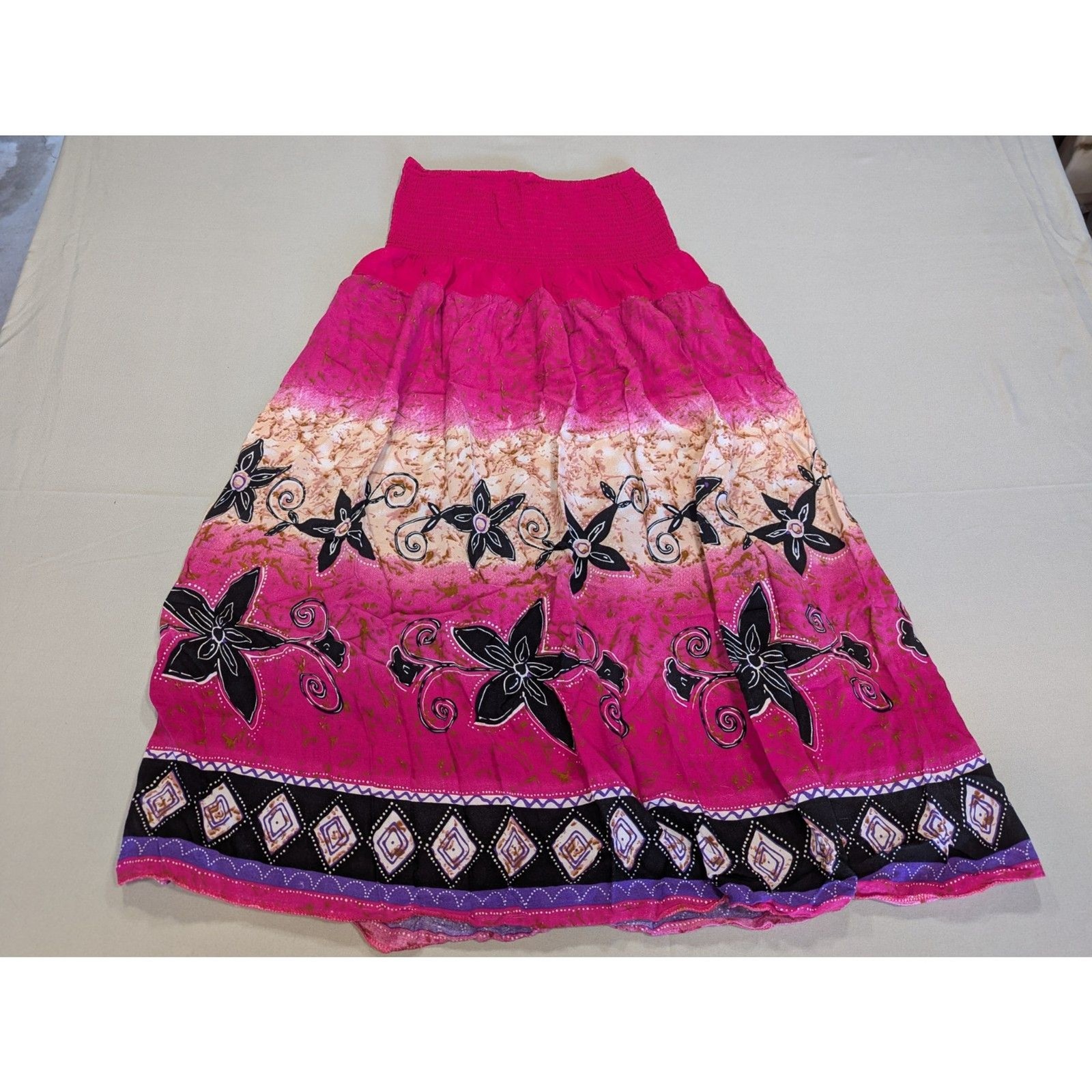 Boho Pink Floral Maxi Dress XL Smocked Strapless Convertible Beach Dress