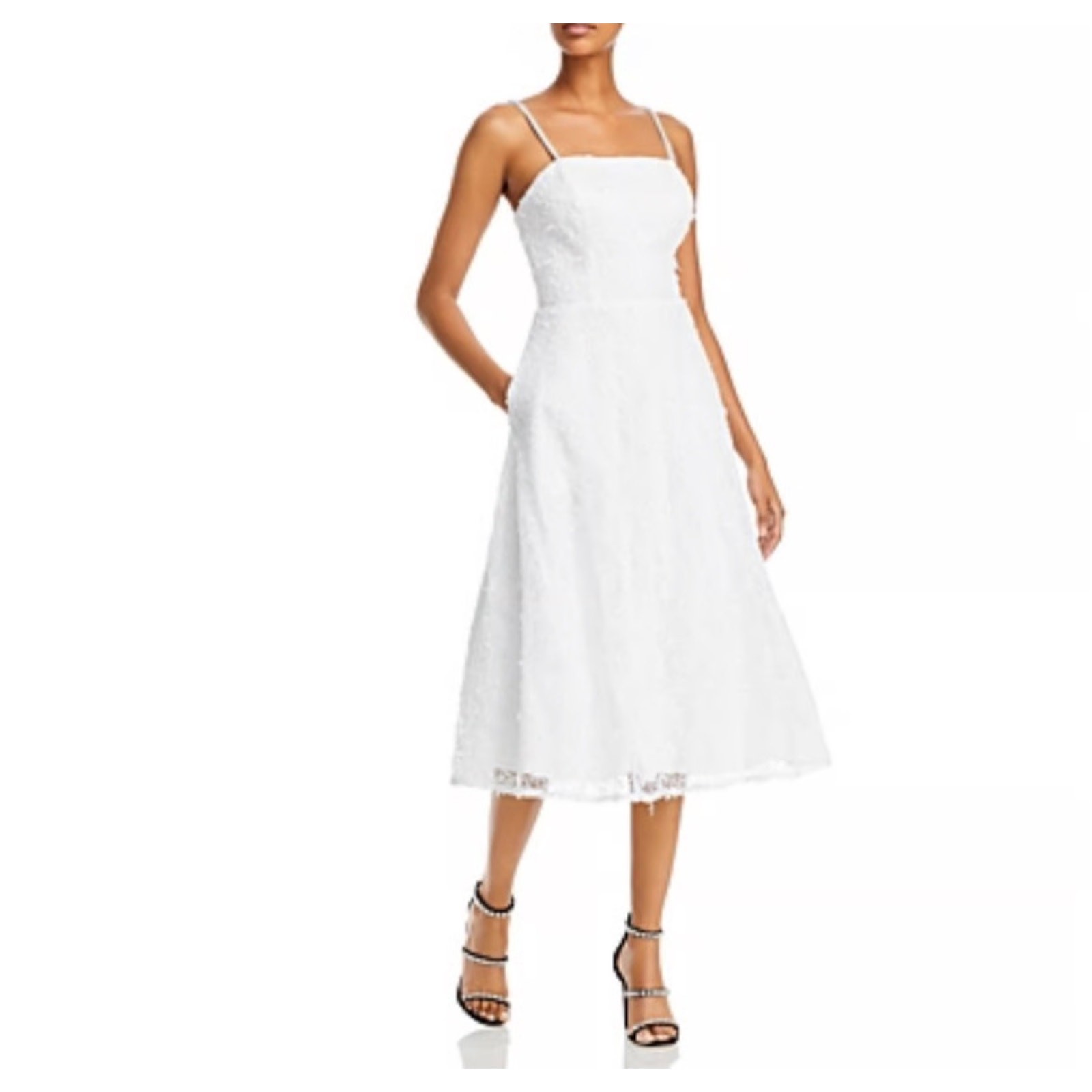 AQUA White Cocktail Dress Sequin Lace Sleeveless Beaded Strap A-Line Midi Size 4