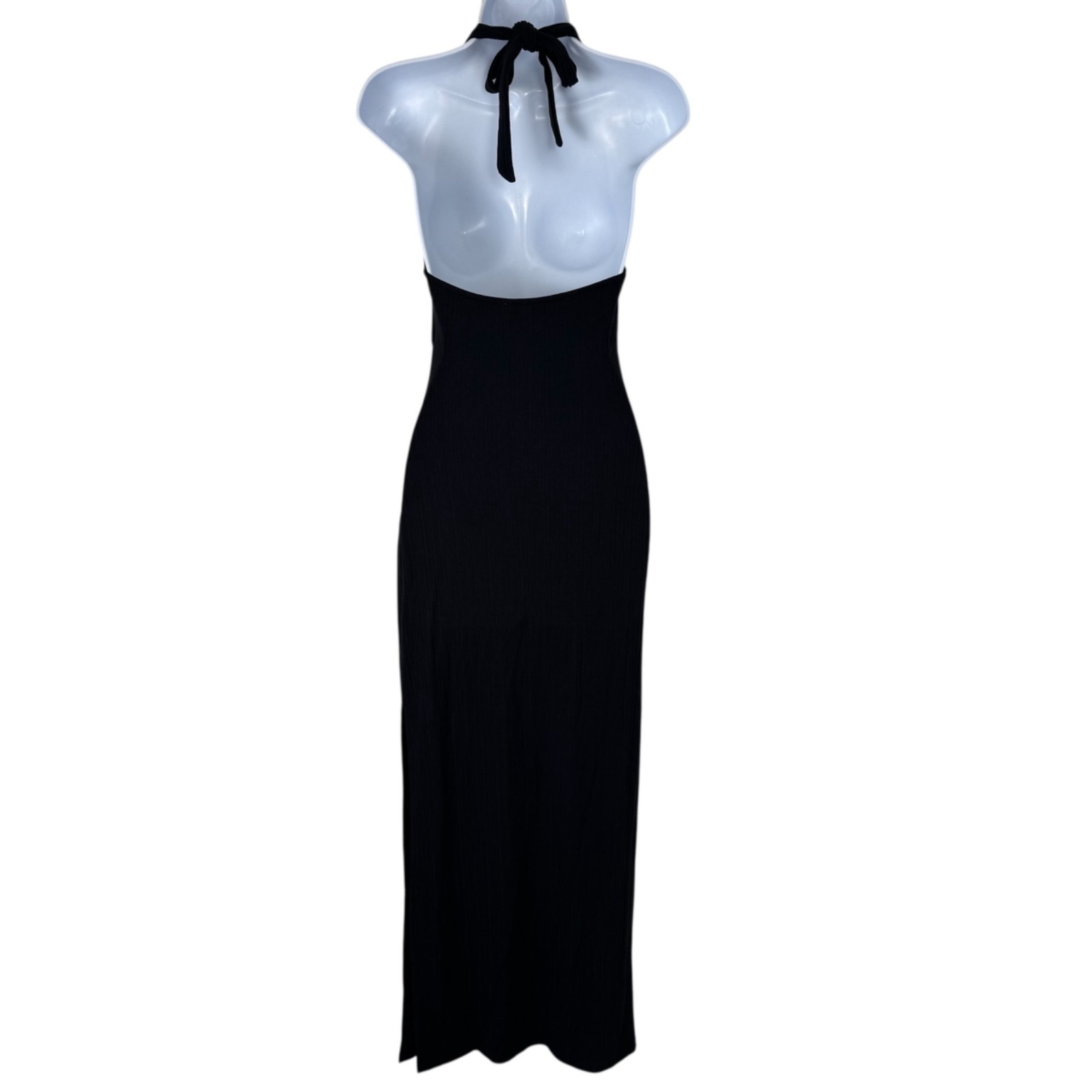 L*Space Black Bodycon Tie Halter Dress Size SM Maxi Ribbed Stretchy Casual LBD