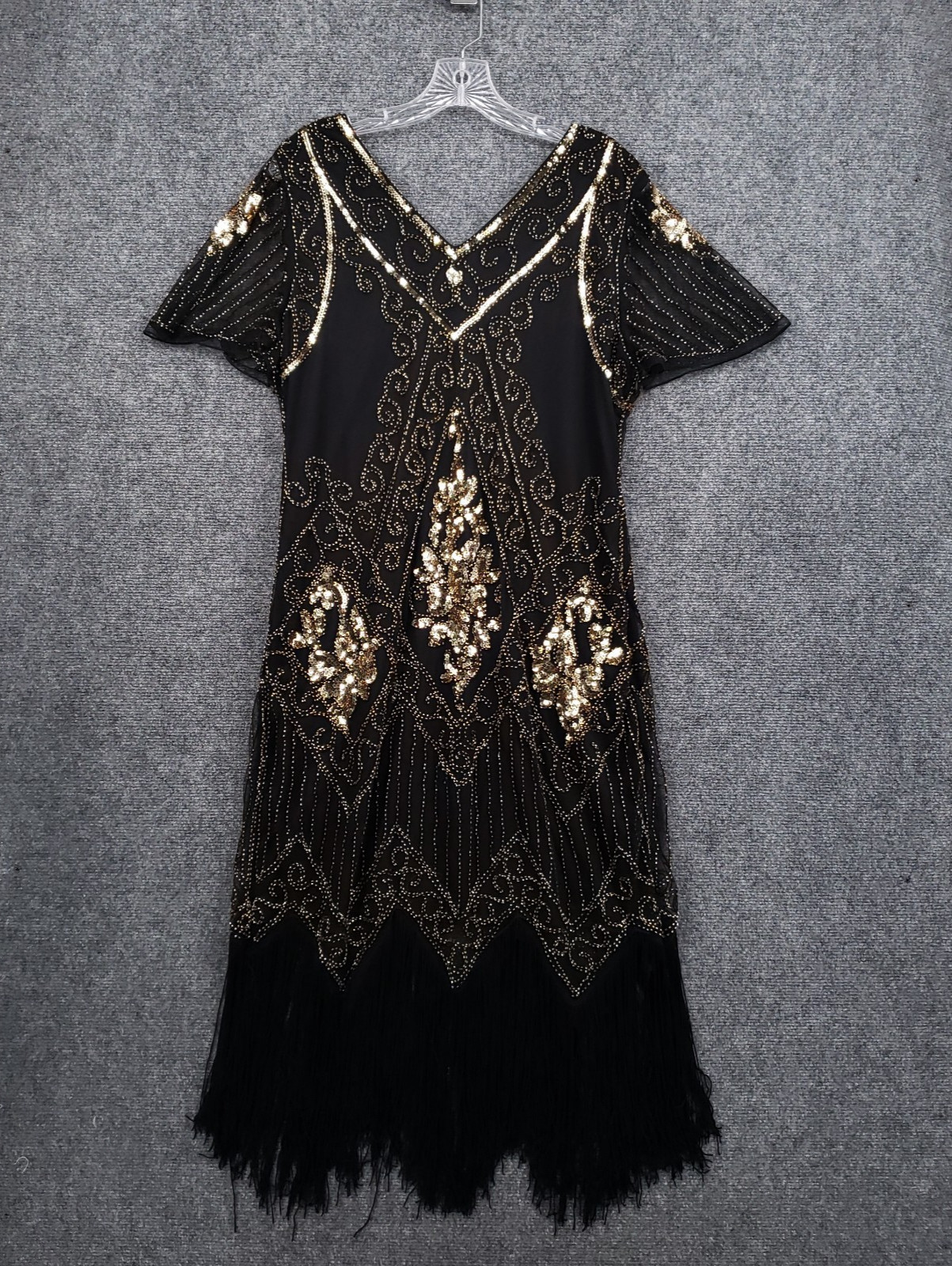 VTG Flapper Gatsby Dress Womens Large Black Gold Sequin Beaded Fringe Y2K Party