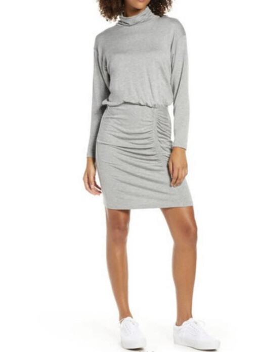 Fraiche By J Ruched Long Sleeve Mock Neck Jersey Dress in Gray Size Large $88