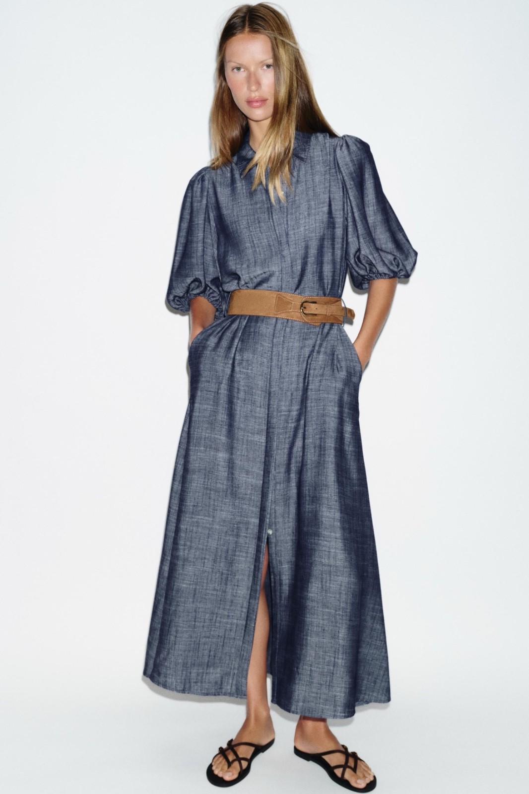 NTW S ZARA Linen Blend BELTED MIDI DRESS INDIGO lapel collar balloon sleeves