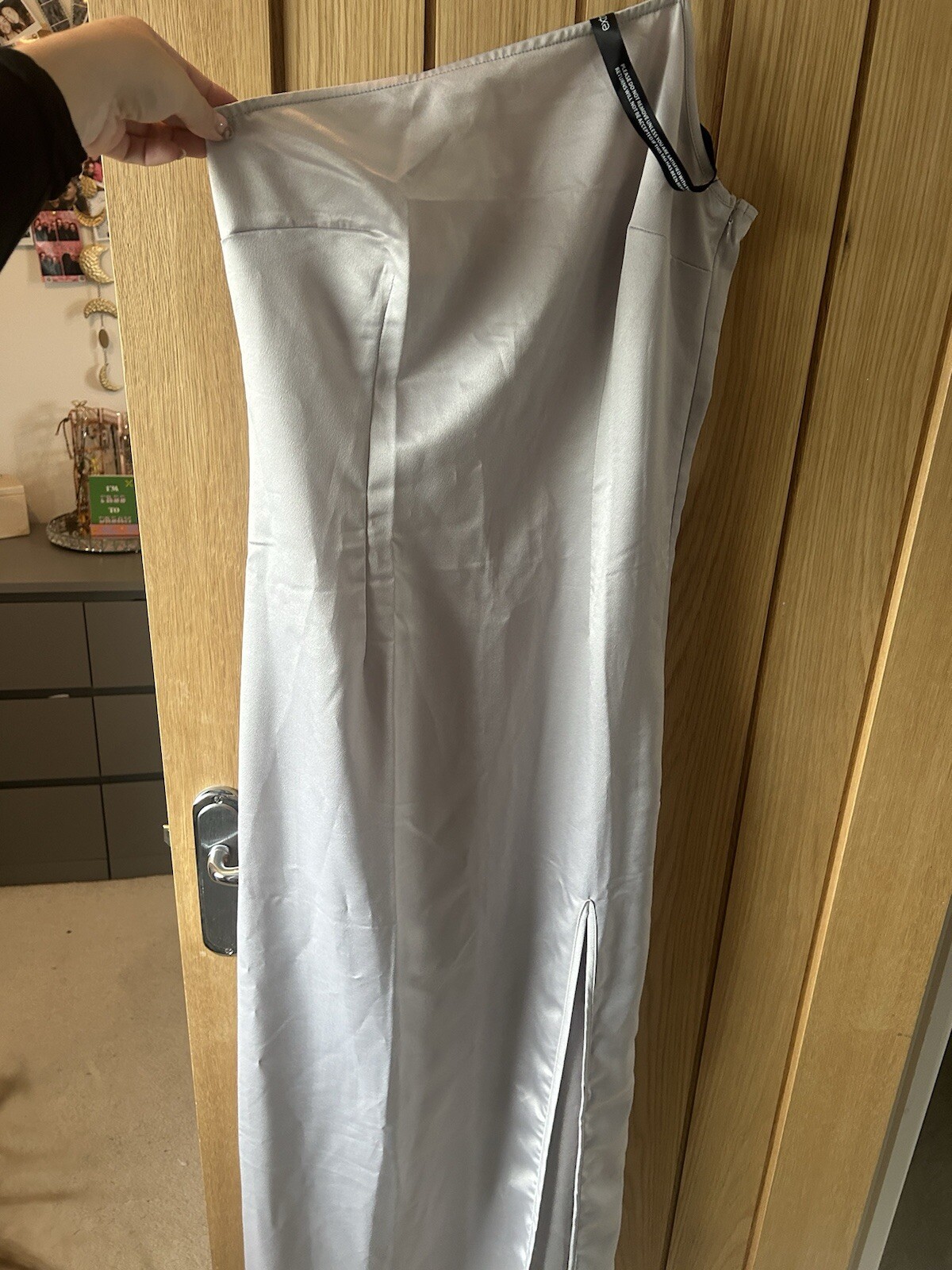 Extro & Vert Tall One Shoulder Maxi Dress With Split Stone Grey Satin – UK 10