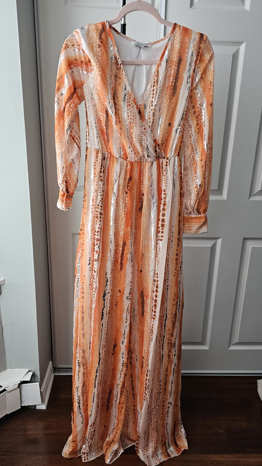Faeriesty Orange Multicolor Graphic Print Plunging Neck Long Sleeve Belted Dress