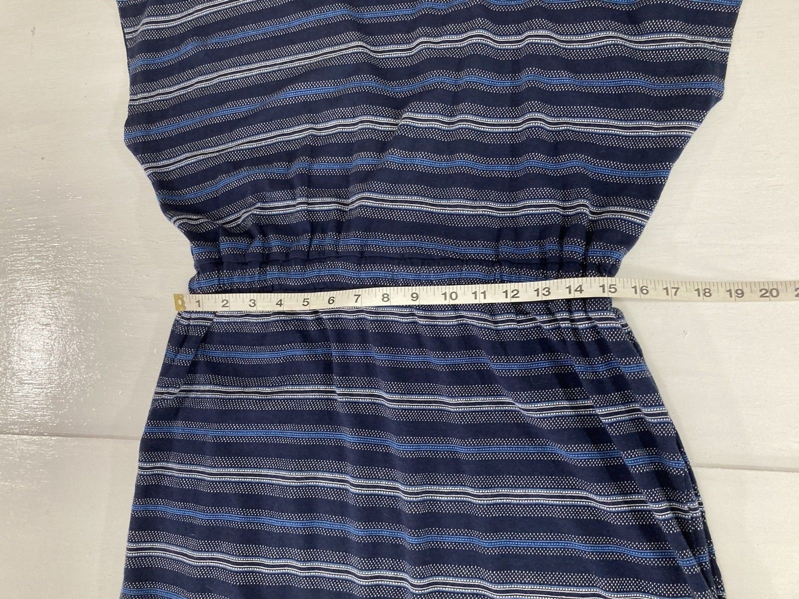 Eddie Bauer Dress Womens M Blue Stripe V Neck Cap Sleeve Pockets Cotton
