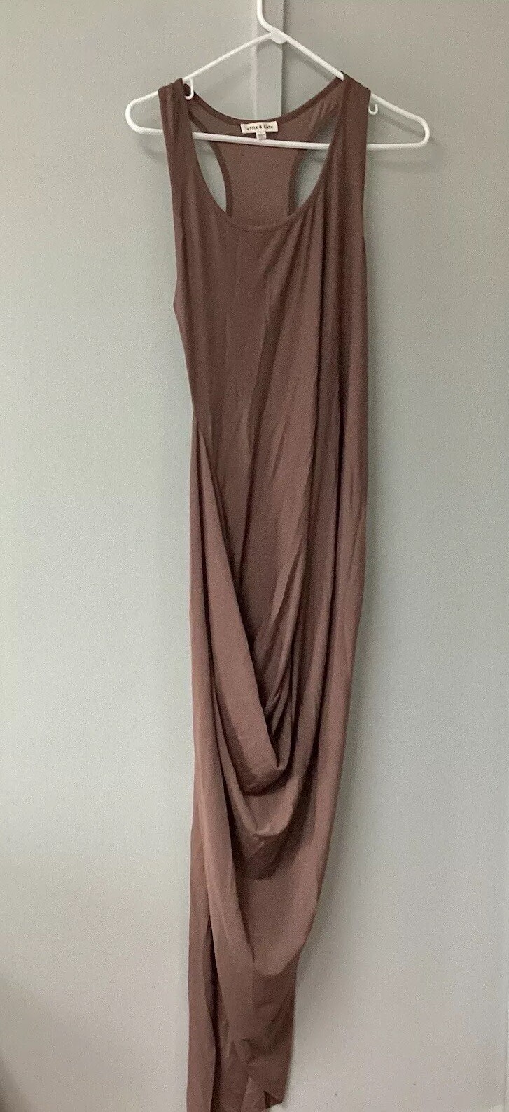 ELLIE & KATE MAXI WOMEN’S DRAPE FRONT ASYMMETRICAL HEM DRESS SIZE L Mocha New