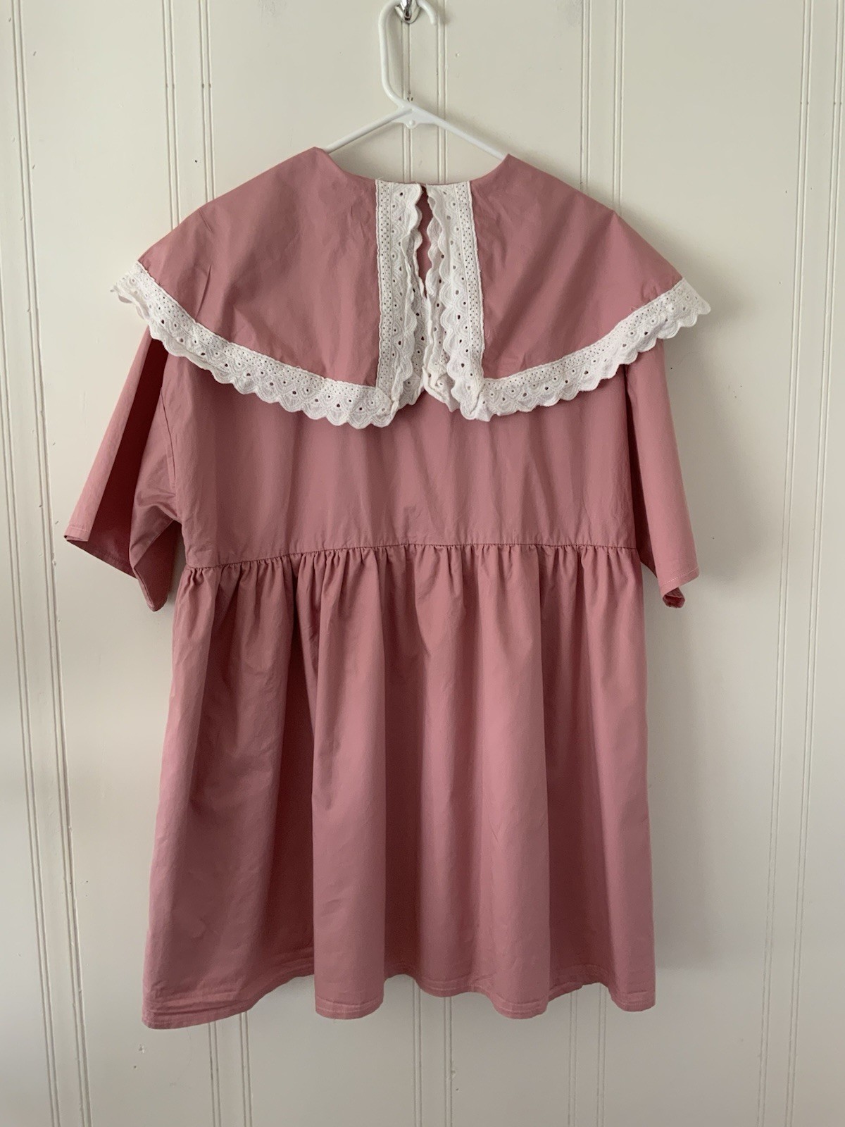 Sister Jane Mini Dress Pink Solid Cotton Eyelet Lace Collar Short Sleeve M