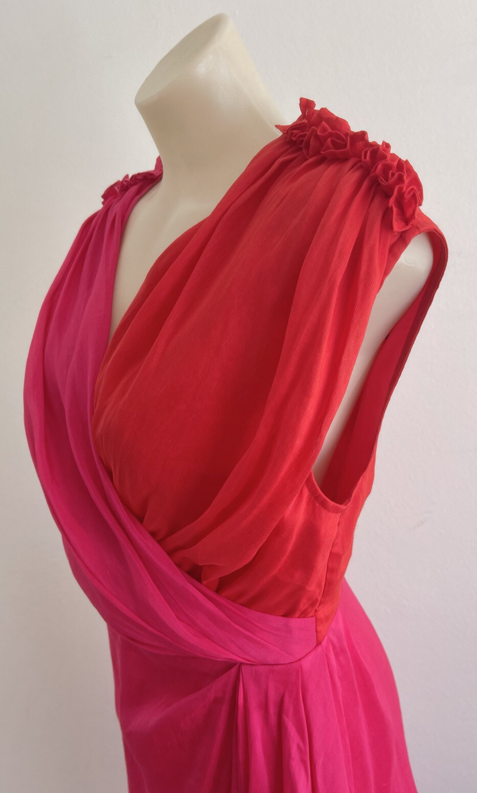 LEO LIN Silk Midi Dress Pink Red Draped Asymmetric Grecian Party Size AU 12 L