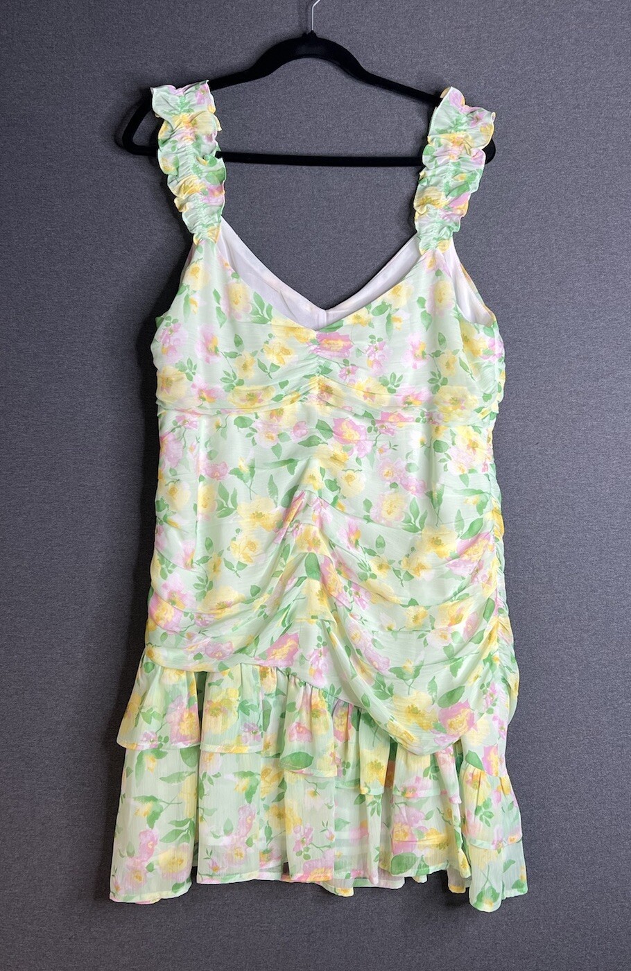 Elodie Floral Mini Chiffon Ruched Ruffle Dress Green Lined Sleeveless Women XL
