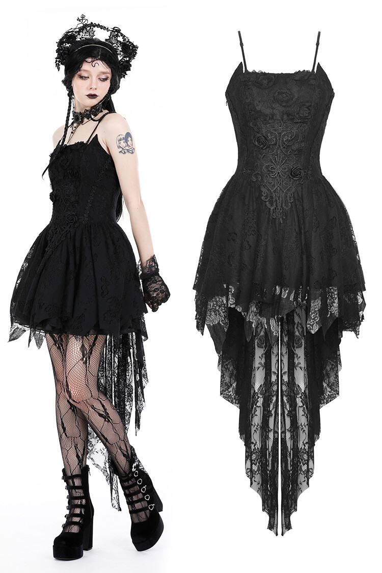 DARK IN LOVE Women Black Punk Gothic Strap Rose Bloom Dovetail Lace Party Dress