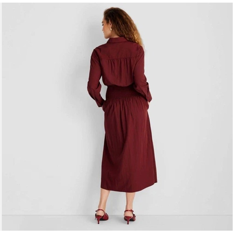Collared Long Sleeve Smocked Midi Shirtdress XS Merlot Red Future Collective NWT