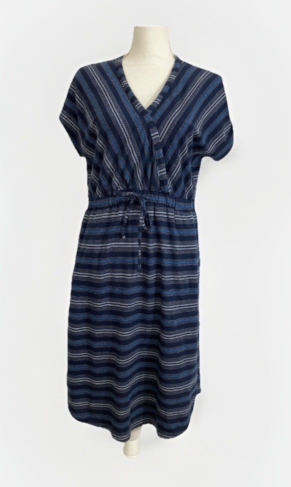 Eddie Bauer Dress Womens M Blue Stripe V Neck Cap Sleeve Pockets Cotton