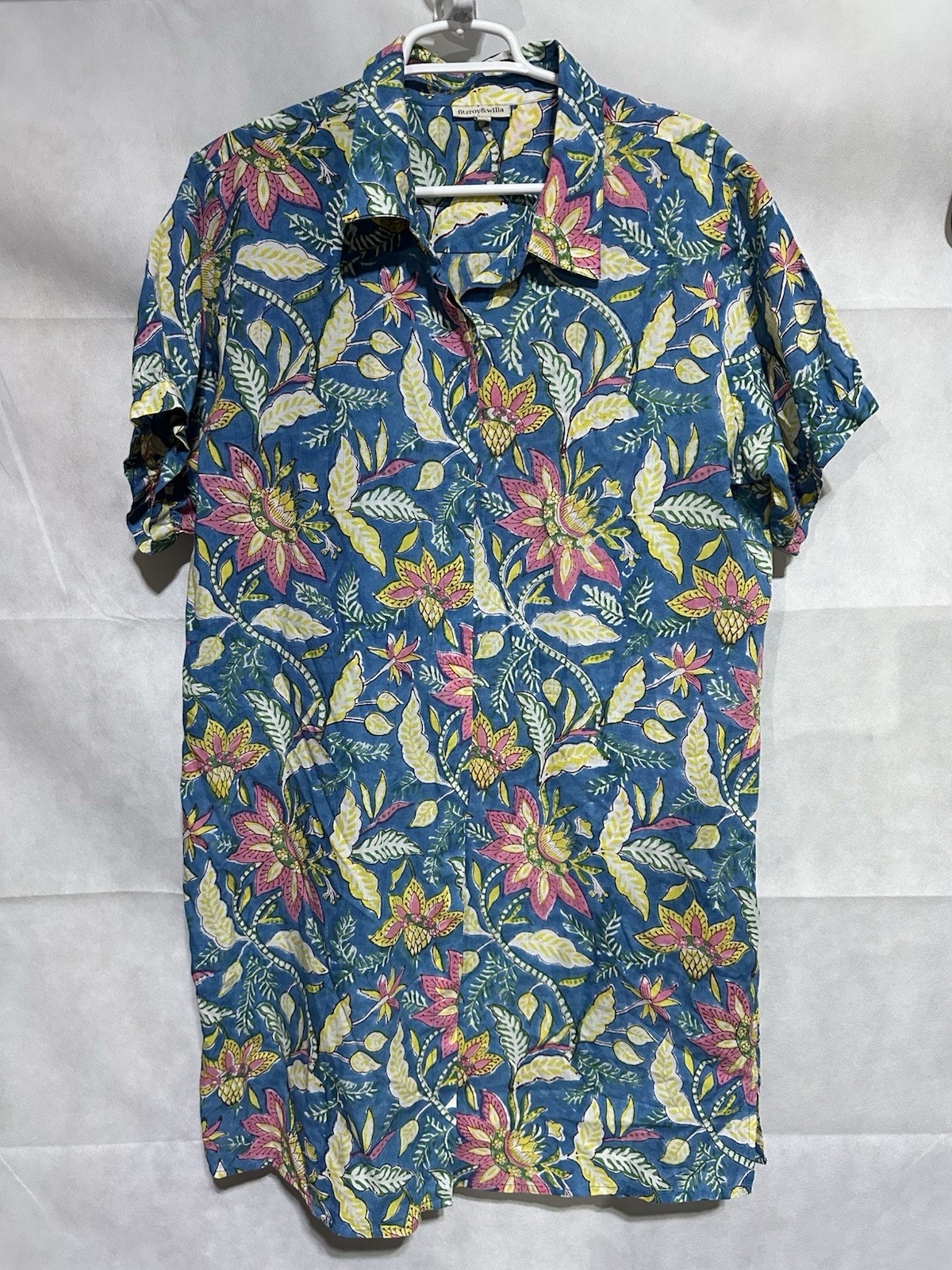 Fitzroy & Willa Dress Women’s XL Blue Floral 100% Cotton Puff Sleeve Button Down
