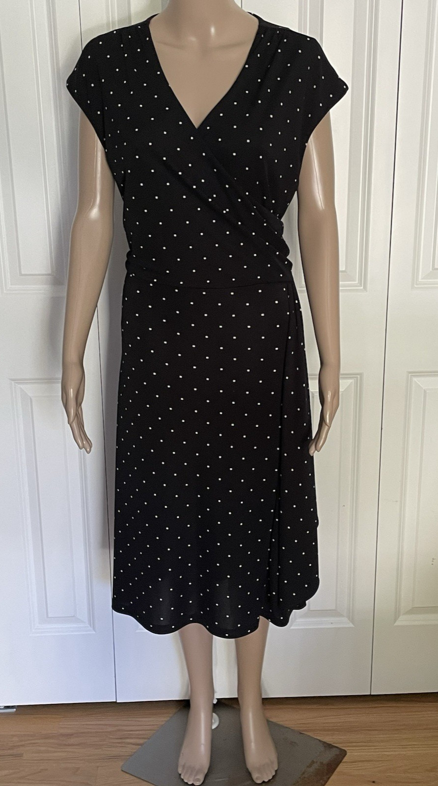 Talbots XLP Black Square Diamond Dotted Stretch Crossover V Neck Faux Wrap Dress