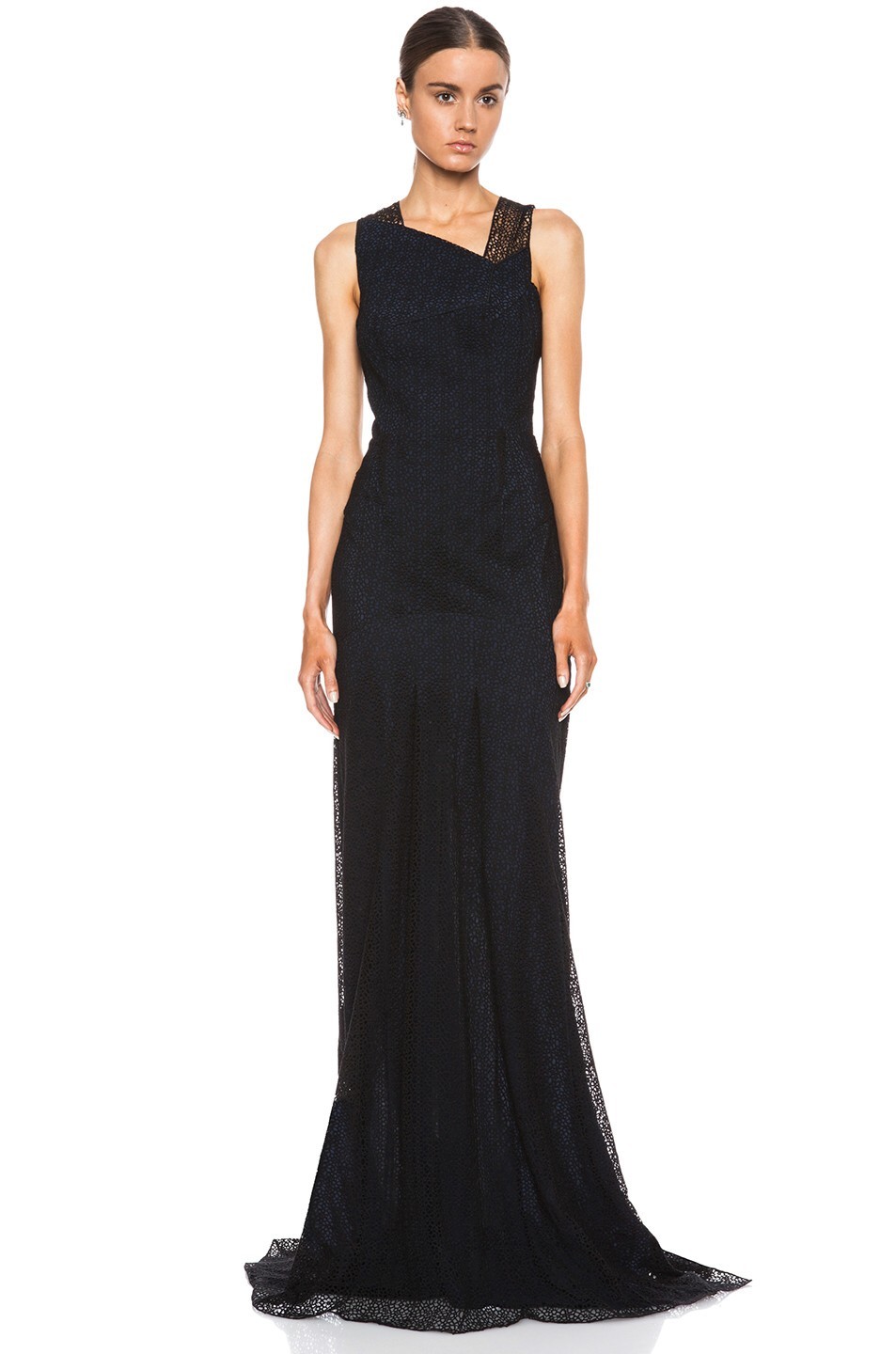 ROLAND MOURET Black Blue Crochet Lace Embriodered Dress Gown 40 2 4