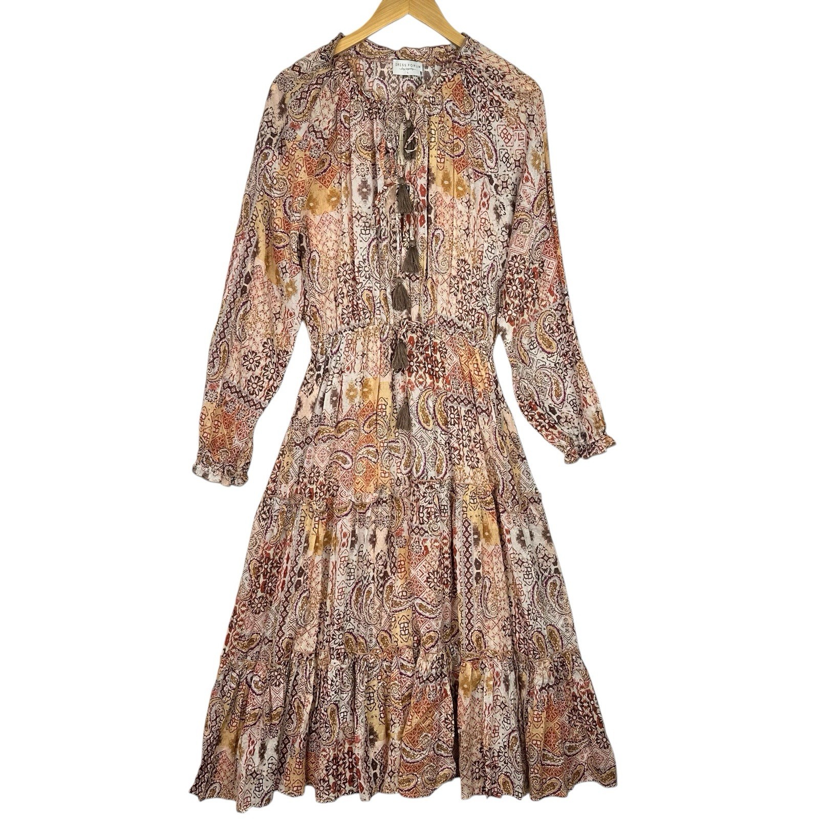 Dress Forum Los Angeles Boho Paisley Midi Dress Tassel Tie Long Sleeve Cotton L