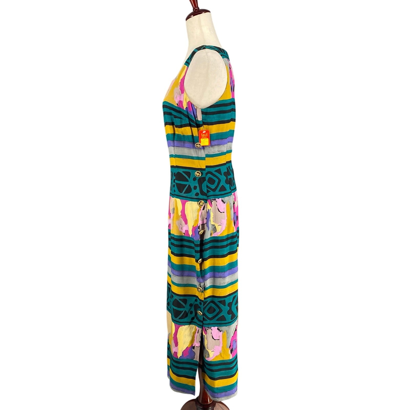 Vtg 80s 90s NOS Artsy Square Neck Sleeveless Pencil Dress S Retro Resort Wear
