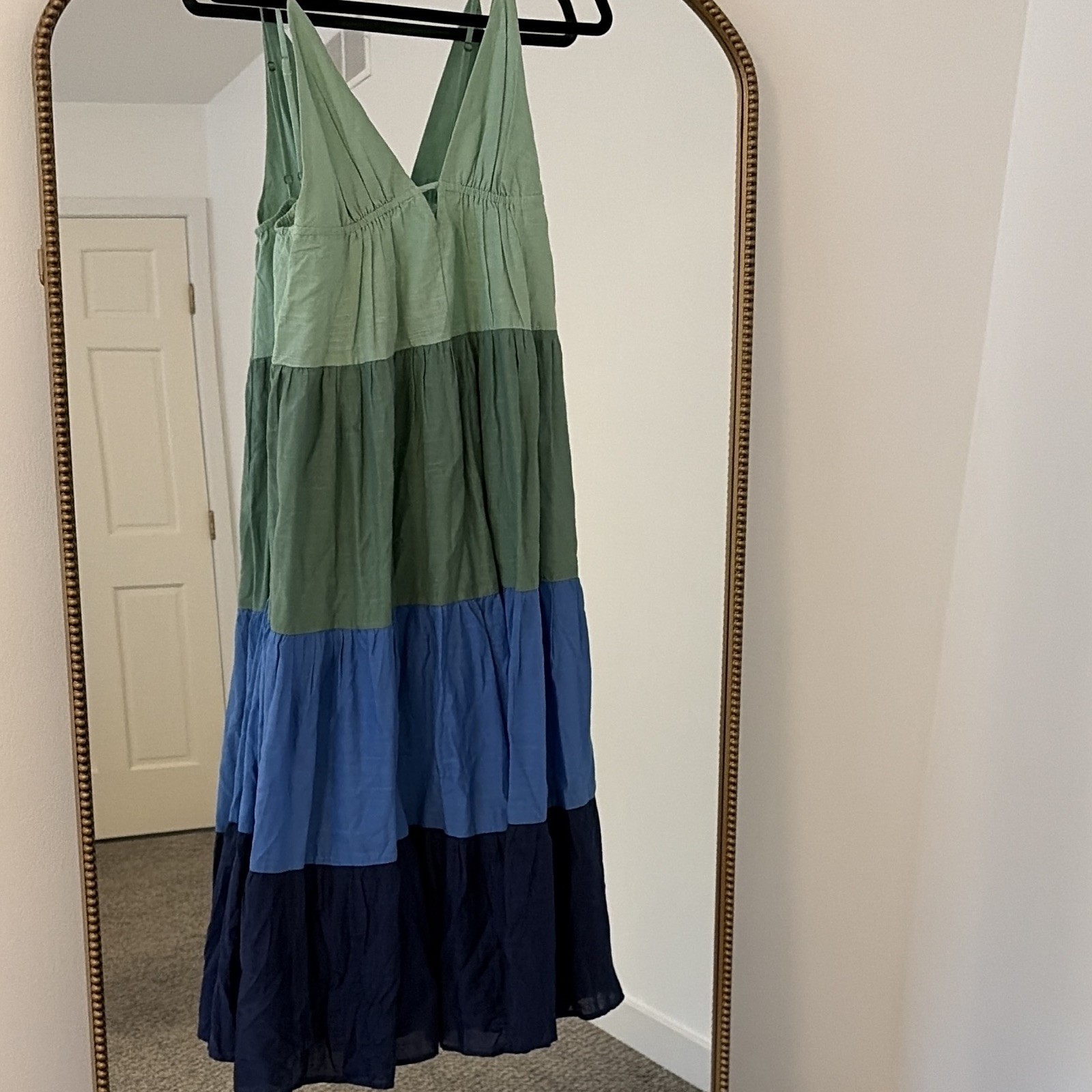 Anthropologie Petite XS P Colorblock Linen Maxi Dress V-Neck Tie Straps