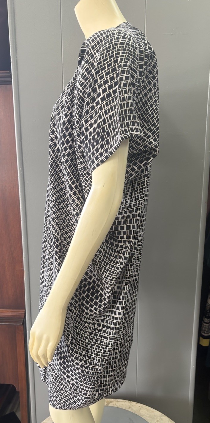 Vince Black White Ladder Print V-Neck 100% Silk Tunic Dress Oversized Size XS