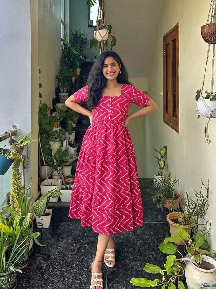 Women’s Printed Cotton Midi Dress Square Neck Button Front Casual Summer