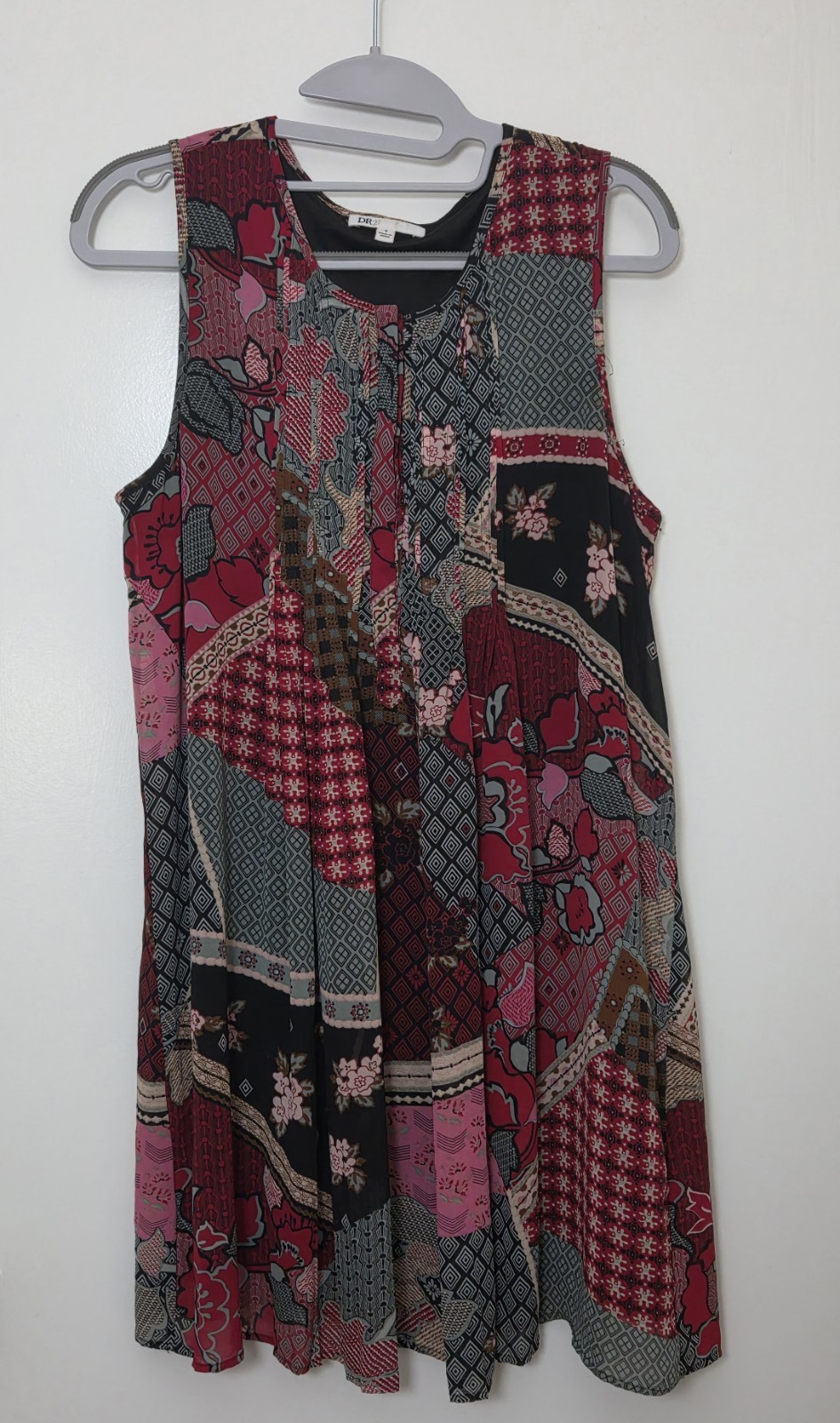 Women’s DR2 by Daniel Rainn Patchwork Print Pleated Boho Dress Shift size Small
