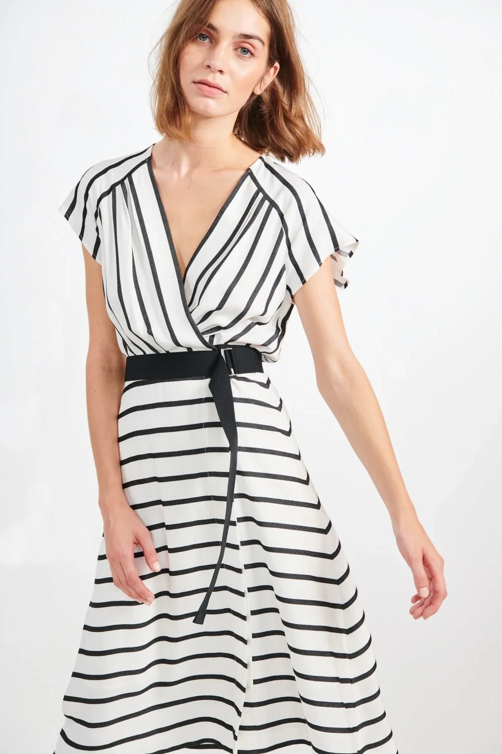 Cop Copine Dress Size 14 EU 42 White Black Breton Stripe Wrap Cocidius Robe