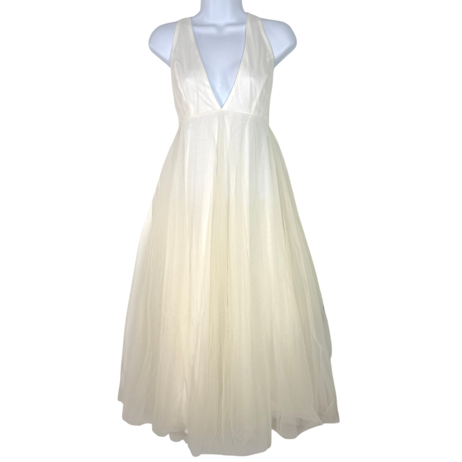 Mable Ivory Tulle Maxi Dress Size M Deep V Neck Tie Back Formal Bridal Ethereal