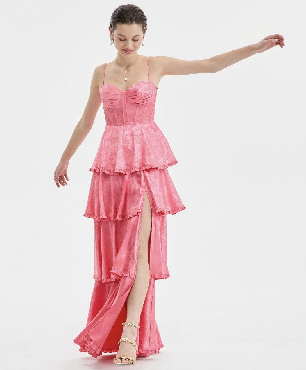 Juniors Pink Floral Sweetheart Maxi Dress Ruffle Tiered Side Slit Zip