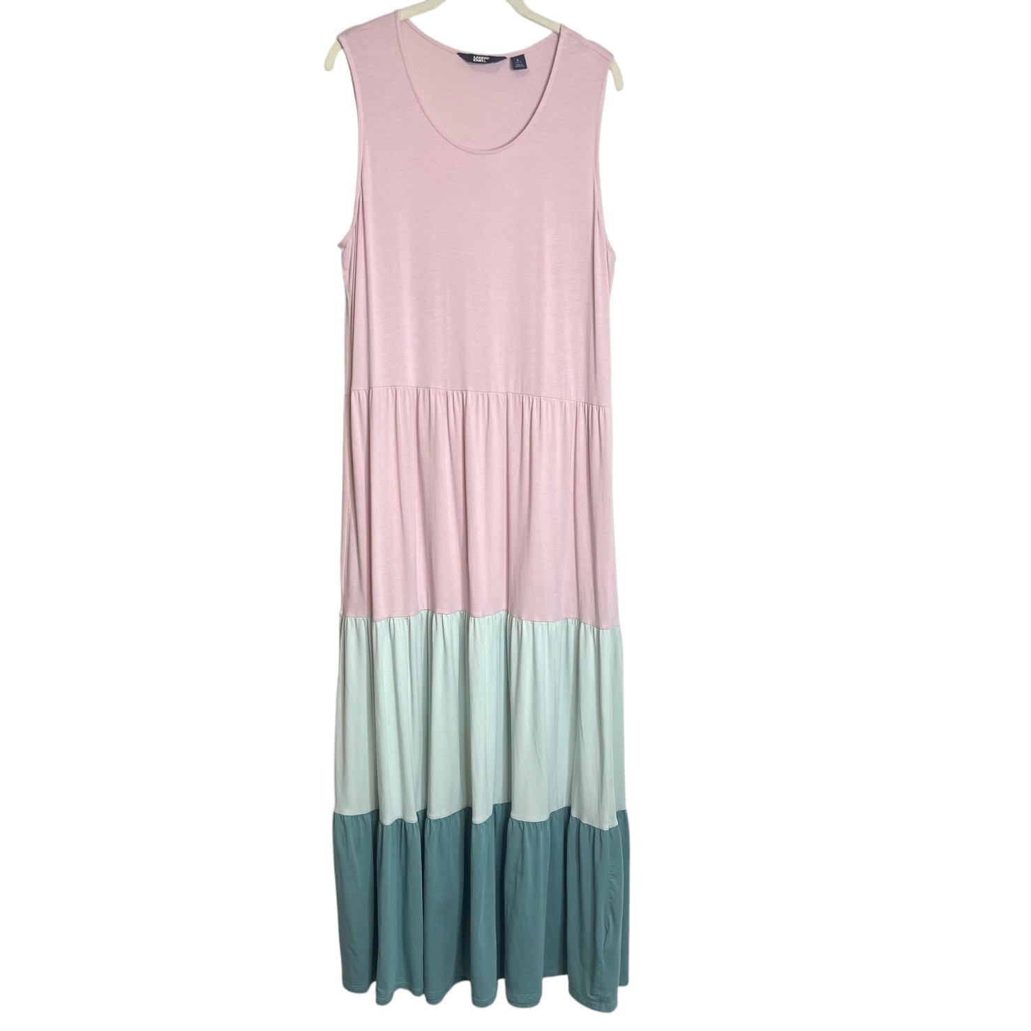 LANDS’ END Sleeveless Tiered Maxi Dress Colorblock Dress Large Pink Green Teal