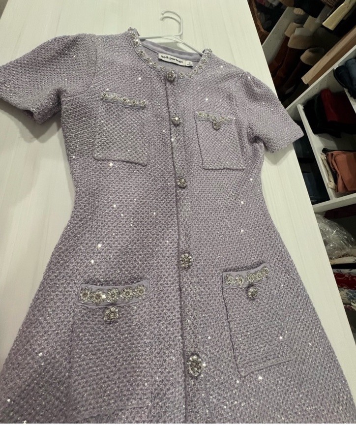 Self-Portrait Lilac Sequin Embellished Knit Button Mini Dress Lavender Sz Med