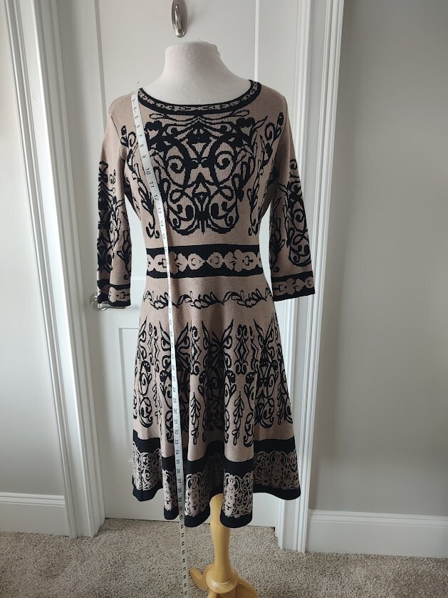 J. Taylor Beige and Black Patterned Knit Dress with 3/4 Sleeves