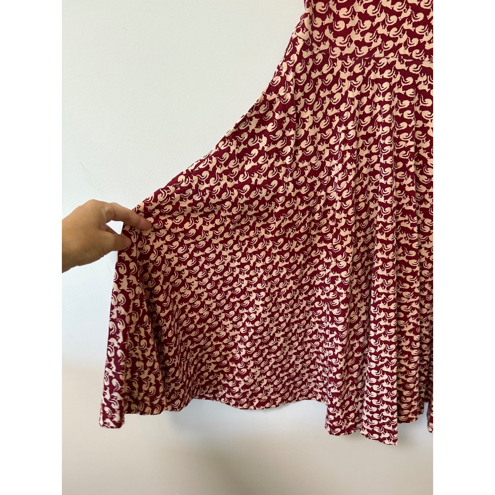 Effie’s Heart Burgundy Squirrel Print Fit and Flare Dress Pockets Small
