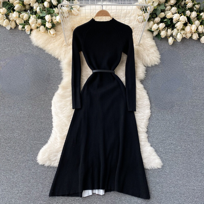 Lady Slim Knitted Midi Dress Pleated Black Long Sleeve Swing Gradient Casual