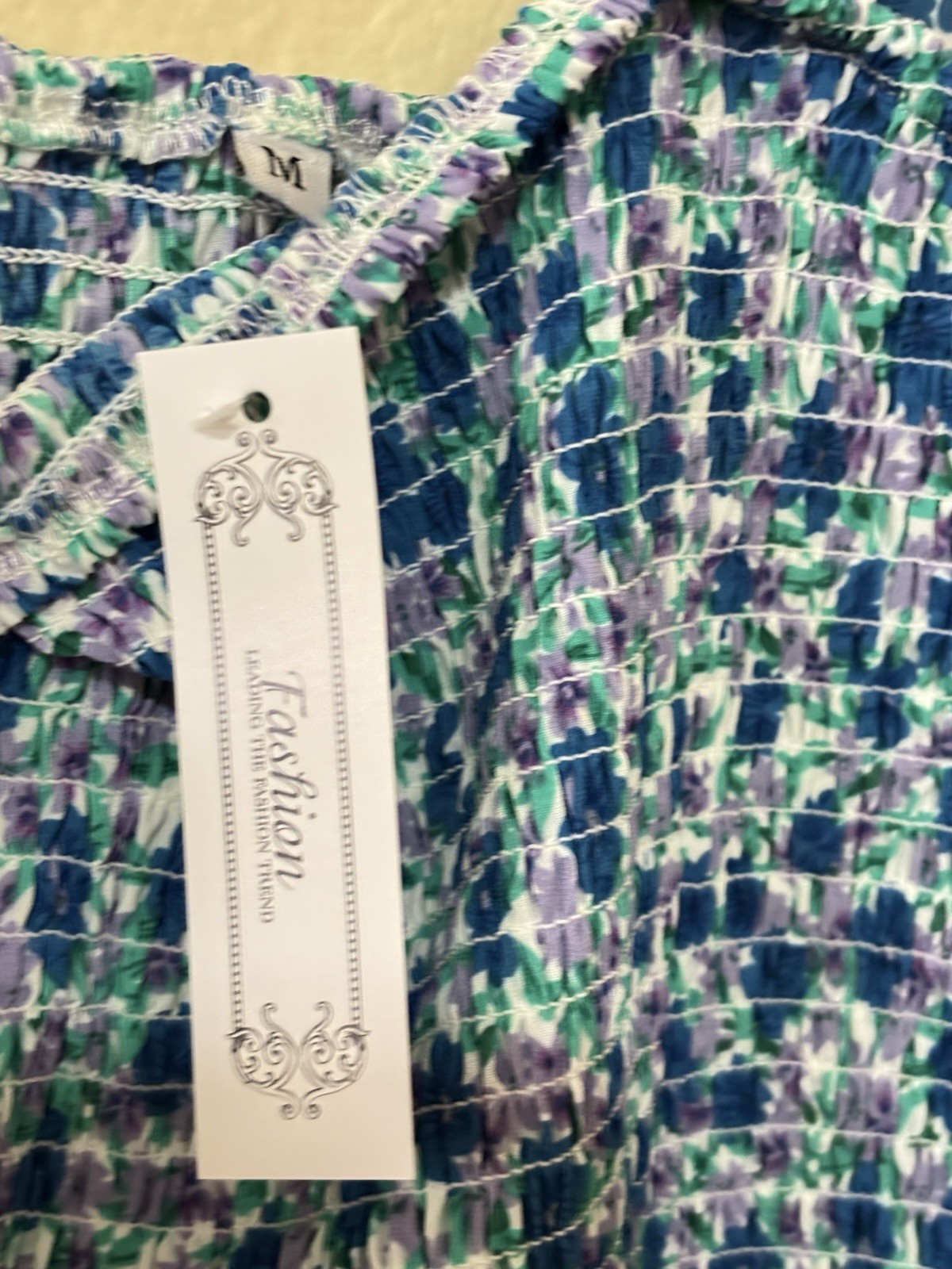 Fashion Women’s Blue Floral Square Neck Smocked Stretch Midi Dress Size M