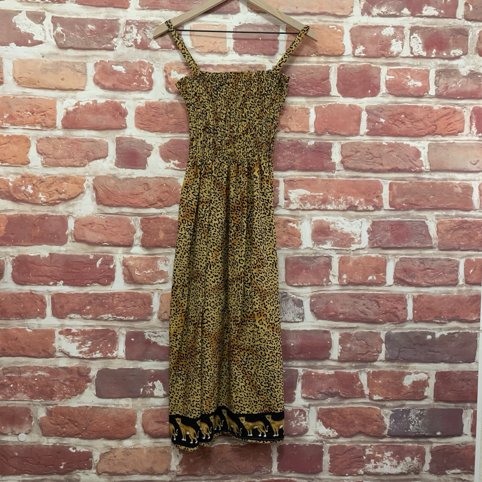 Just Love Dress Womens XL Tan Black Safari Cheetah Animal Print Smocked Midi
