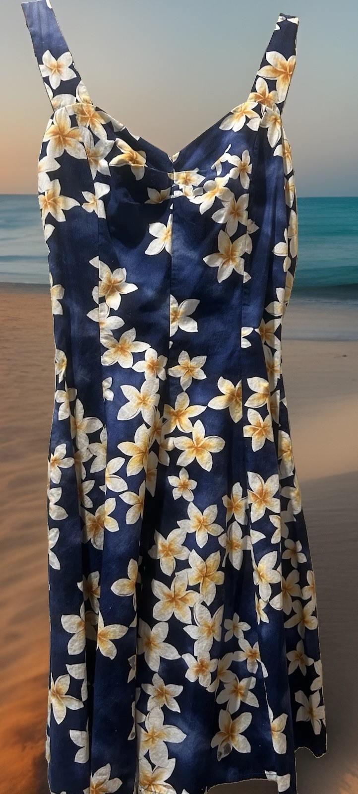 Royal Hawaiian Creations Tropical Navy Blue Dress Smocked Zipper Cotton Sz Large