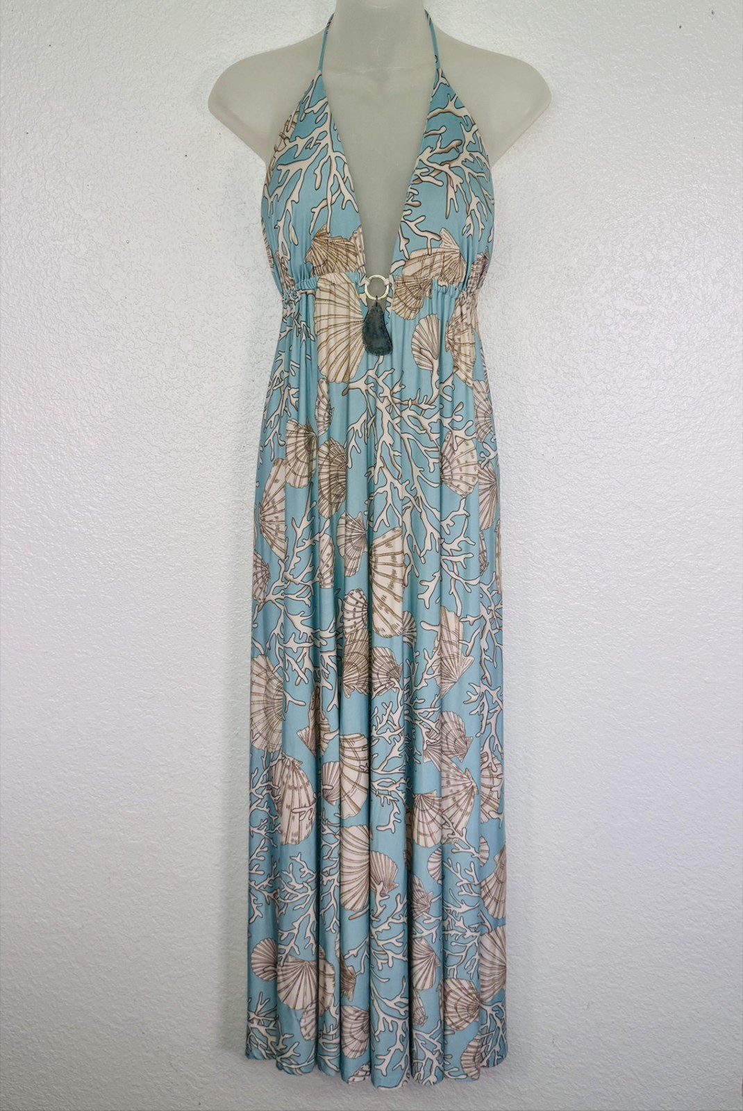 Boston Proper Dress Women 12 Maxi Halter Shell Print Beachy Sundress Boho Resort