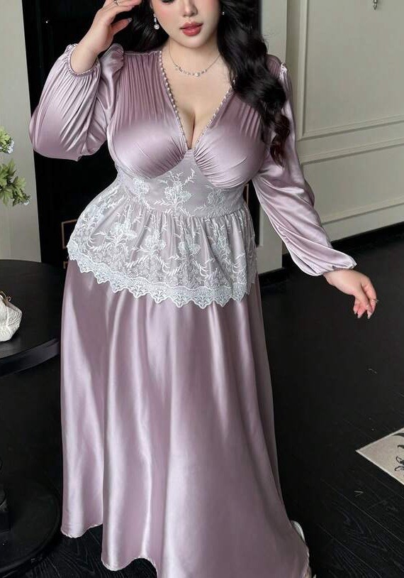 NEW Shiny 2nd Skin Satin Maxi Long Sleeve Twirly Cinched Waist Dress PLUS 3XL