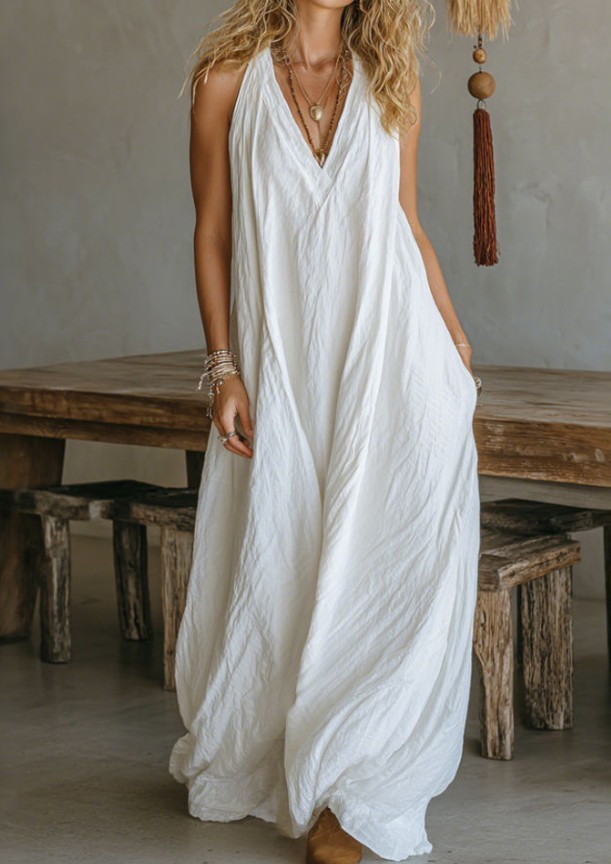 Women Sleeveless Deep V Neck Loose Maxi Dress Casual Pockets Summer Long Sundres