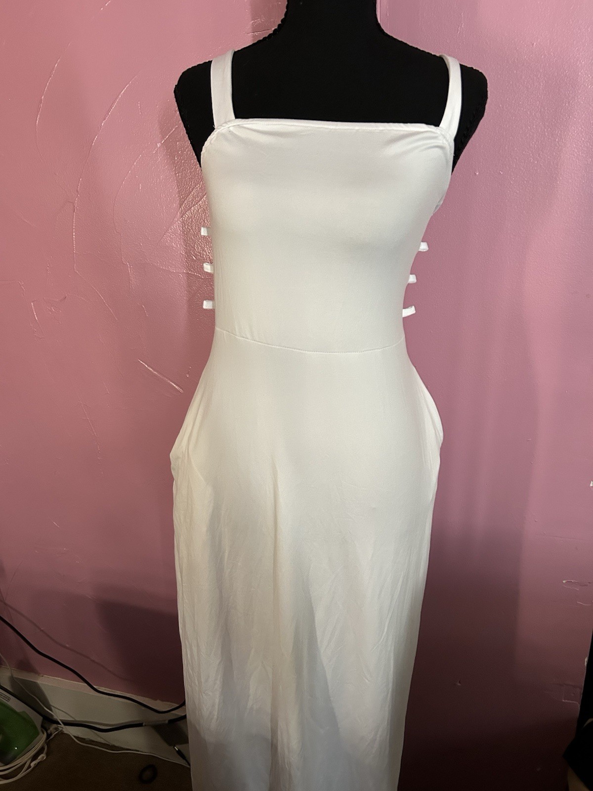 White Square Neck Strappy Lace-Up Stretch Knit Maxi Dress, S