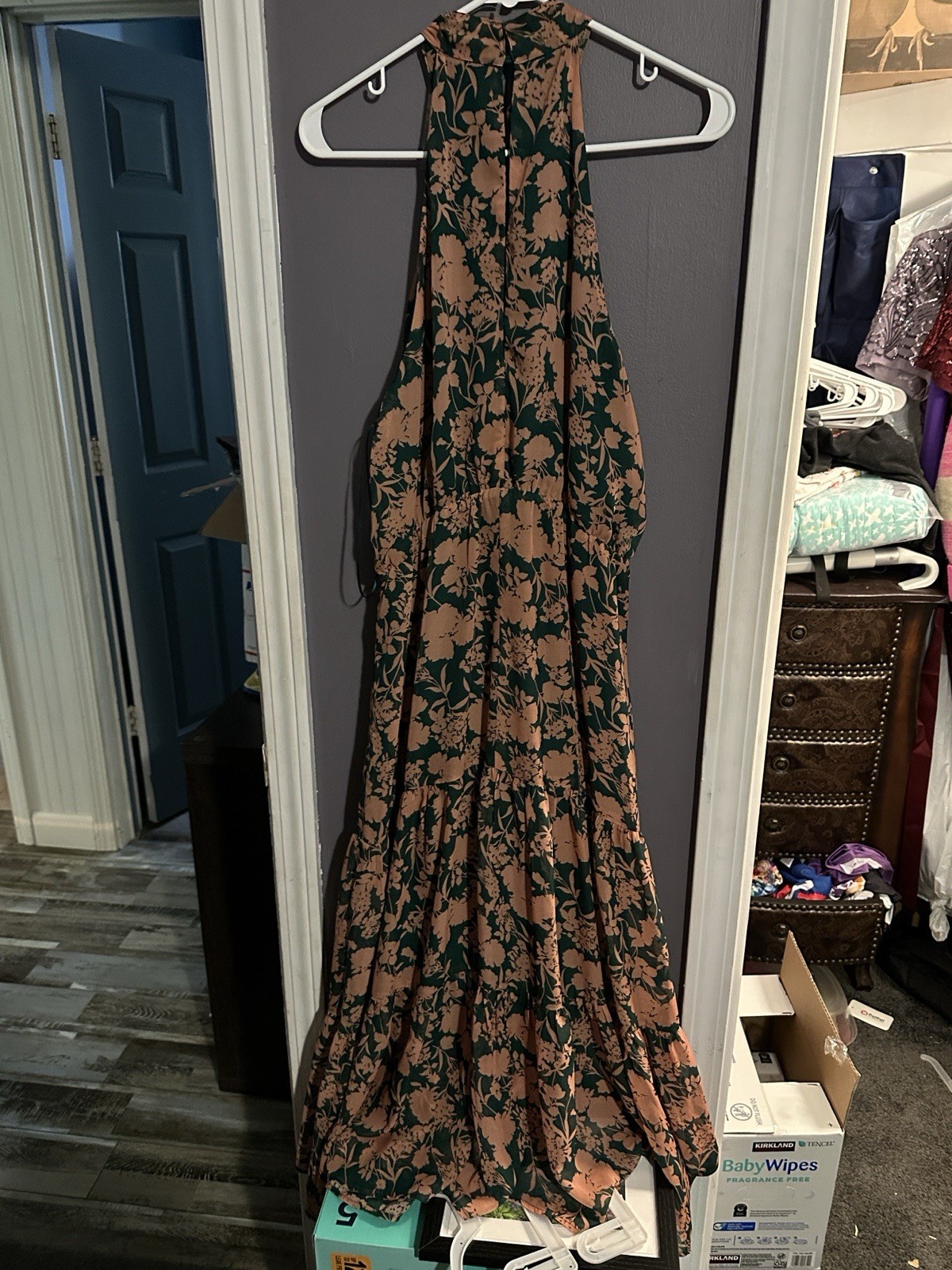 Lush Green Beige Floral Halter Sleeveless Tiered Maxi Dress L