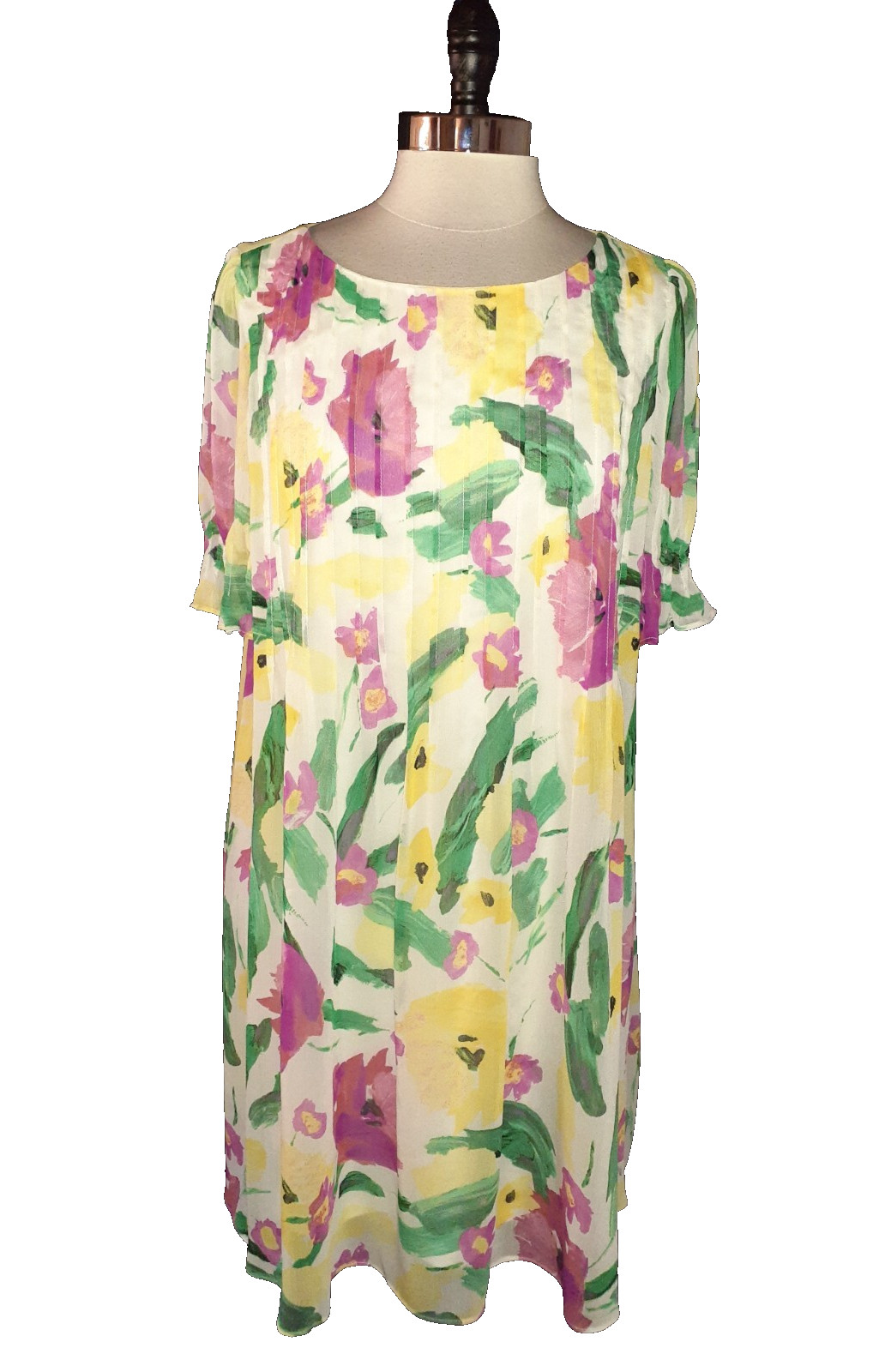 DKNY Size 14 Shift Dress White Pink Yellow Floral Short Sleeve