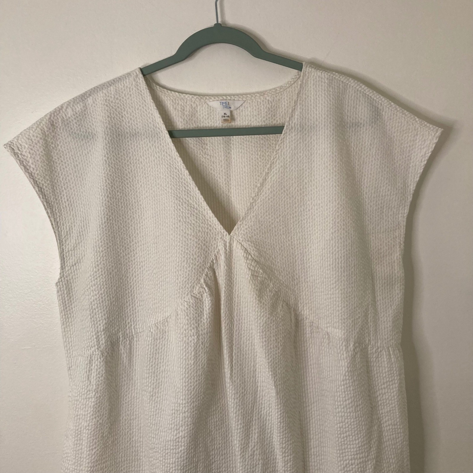 Coastal White Seersucker Tiered V-Neck Mini Dress Cottage Babydoll Pockets XL
