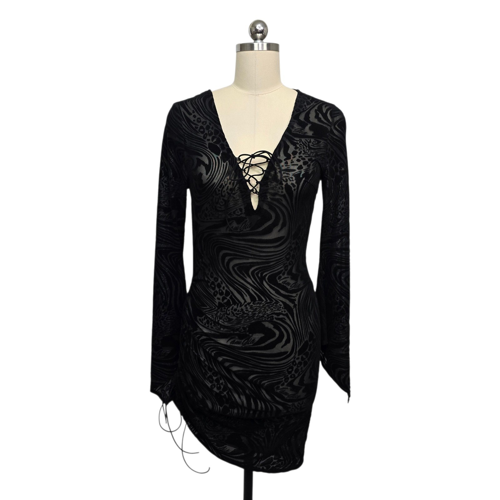 I.AM.GIA Black Burnout Velvet Lace Up Plunge Mini Dress Size Medium Festival