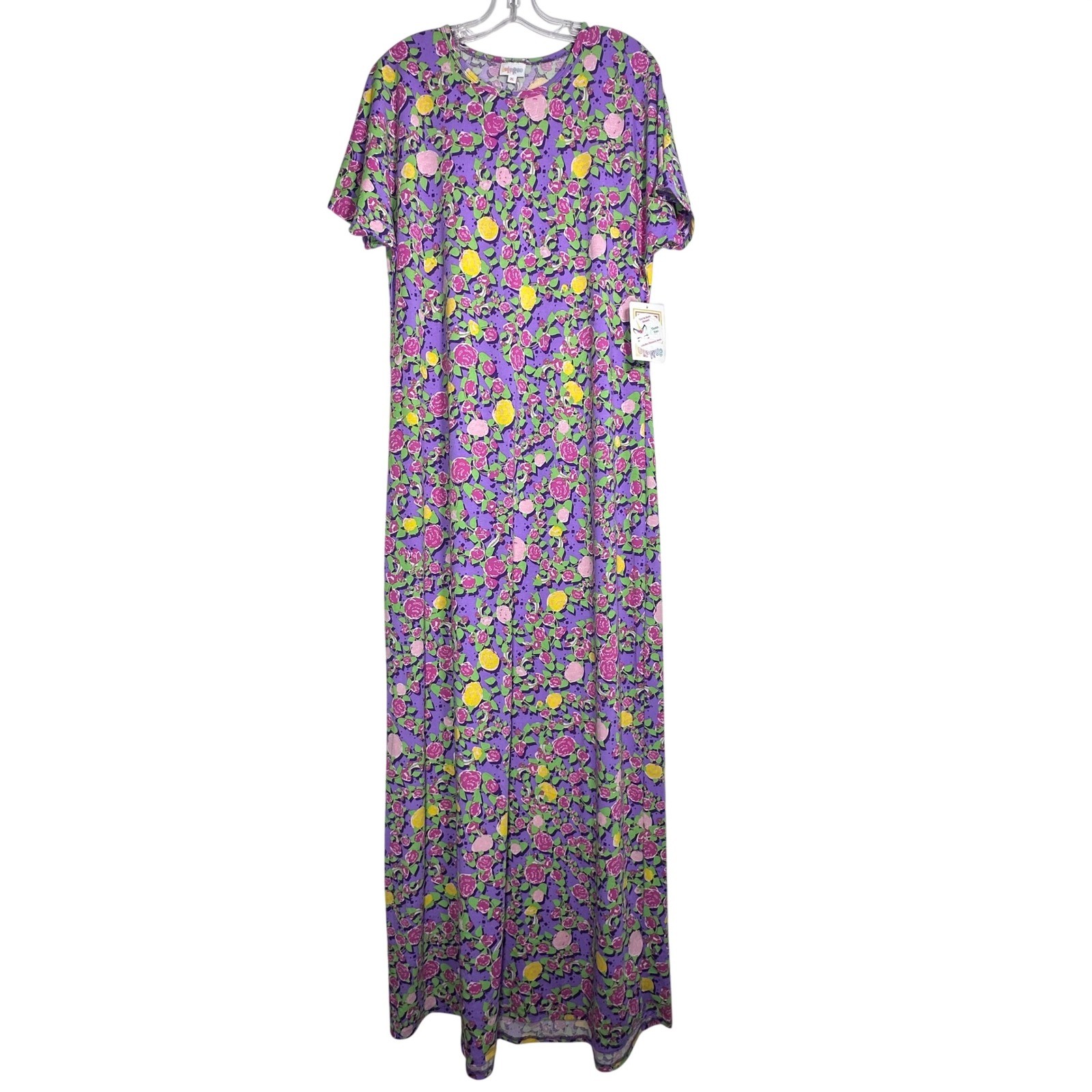 LuLaRoe Maria Maxi Dress XL Purple Floral Short Sleeve Column Jersey Knit New