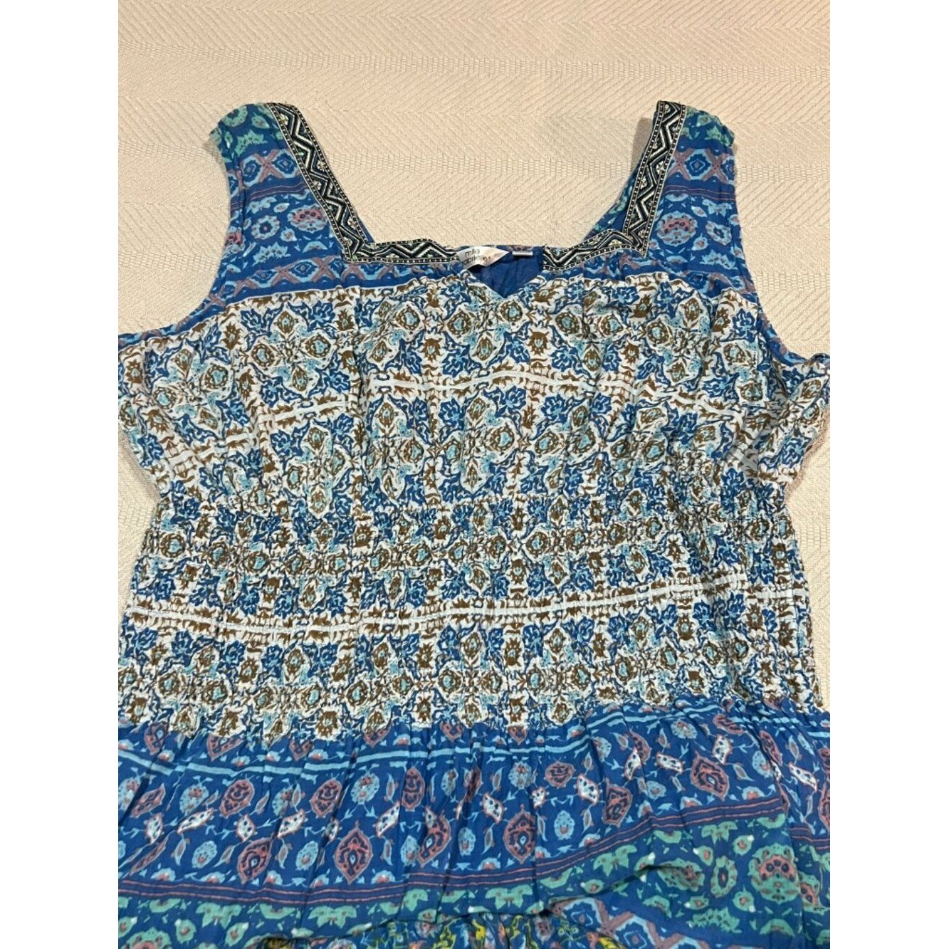 Mlle Gabrielle Blue Floral Midi Smocked Tiered Beaded Square V-Neck Dress 2X