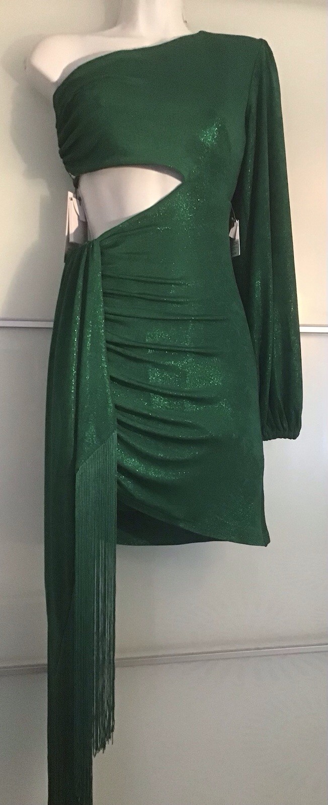 NADINE MERABI ONE SHOULDER MINI DRESS WITH FRINGE DITAIL NIKKI GREEN DRESS S/M